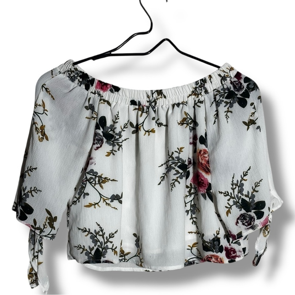 Unbranded Chic White Cotton Blend Floral Off-Shoulder 3/4 Tie Sleeves Blouse - Picture 16 of 16
